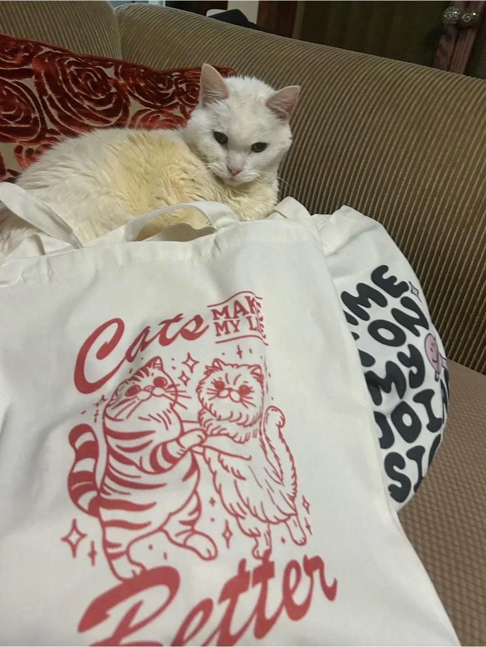 Cats Make My Life Better Cotton Tote Bag - White with Red Print NWOT.